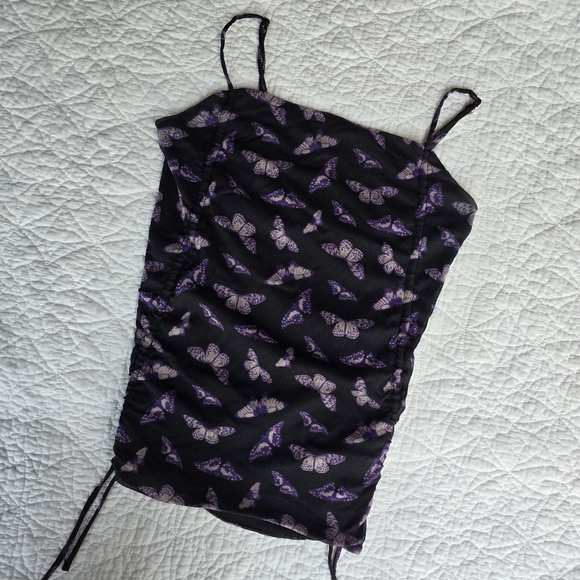 Urban Outfitters Purple Butterfly Mesh Side Cinch Drawstring Ruched Tank Top - Picture 2 of 8